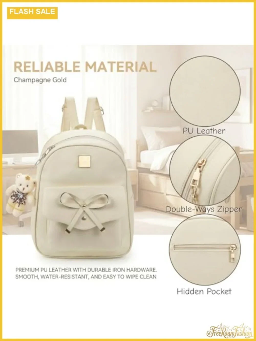 3-Piece Faux Leather Backpack Purse Set with Bowknot & Bear Pendant